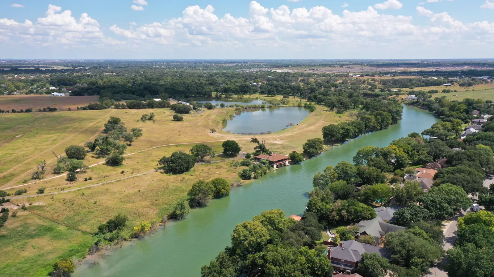 Aerial view of the ranch pastures and ponds beside the Guadalupe River